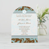 Blue Damask op Bruin Wedding Invitation Kaart (Staand voorkant)