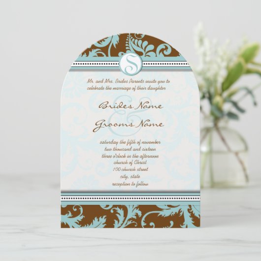 Blue Damask op Bruin Wedding Invitation Kaart (Staand voorkant)