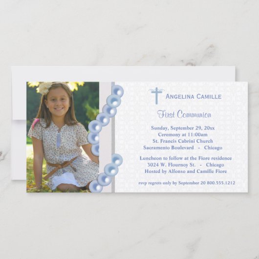 Blue Damask parells First Community Photo Invite (Voorkant)