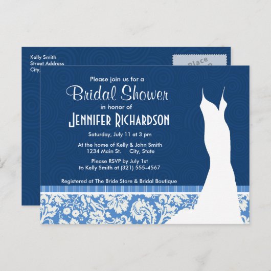 Blue Damask Patroon Uitnodiging Briefkaart (Voorkant / Achterkant)