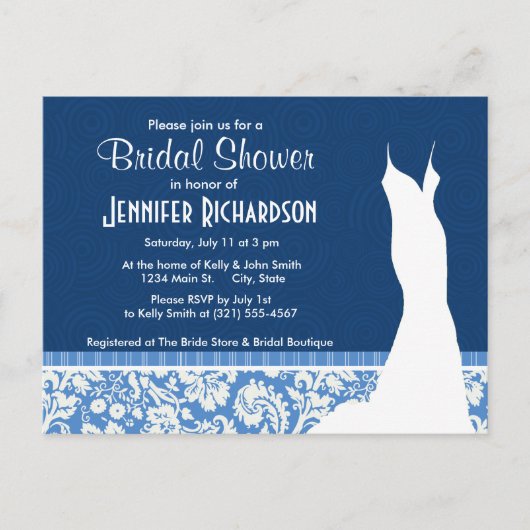 Blue Damask Patroon Uitnodiging Briefkaart (Voorkant)