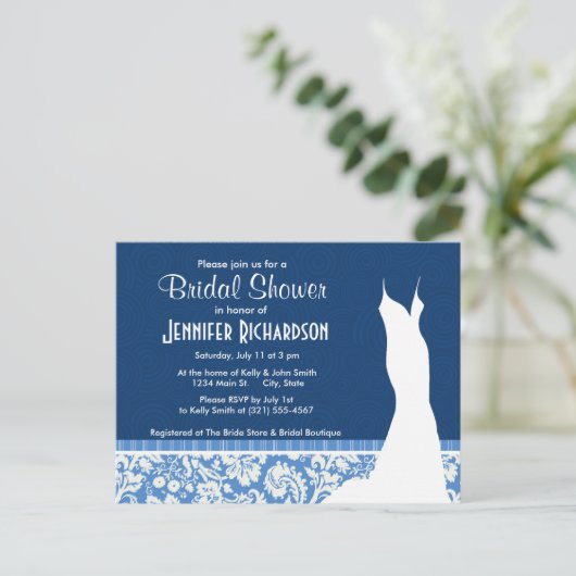 Blue Damask Patroon Uitnodiging Briefkaart (Staand voorkant)