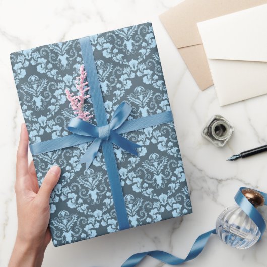 Blue Damask Pattern Elegant Wrapping Paper Cadeaupapier (Geschenken)