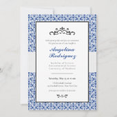 Blue Damask Pattern Photo Afstuderen Invitation Kaart (Voorkant)