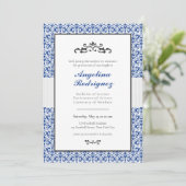 Blue Damask Pattern Photo Afstuderen Invitation Kaart (Staand voorkant)