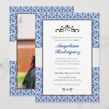 Blue Damask Pattern Photo Afstuderen Invitation
