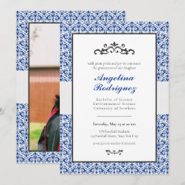 Blue Damask Pattern Photo Afstuderen Invitation Kaart