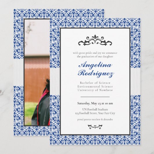 Blue Damask Pattern Photo Afstuderen Invitation Kaart (Voorkant / Achterkant)