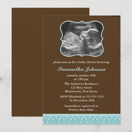 Blue Damask Pattern Sonogram Baby shower Kaart (Voorkant / Achterkant)
