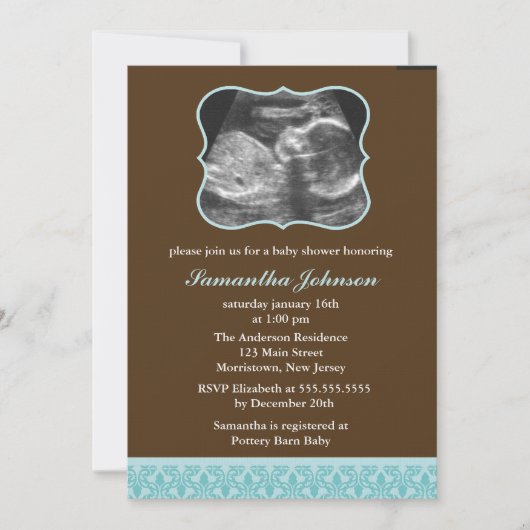 Blue Damask Pattern Sonogram Baby shower Kaart (Voorkant)