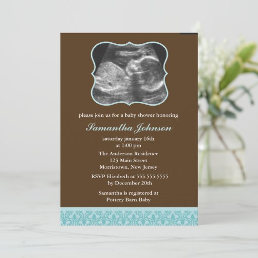 Blue Damask Pattern Sonogram Baby shower Kaart (Staand voorkant)