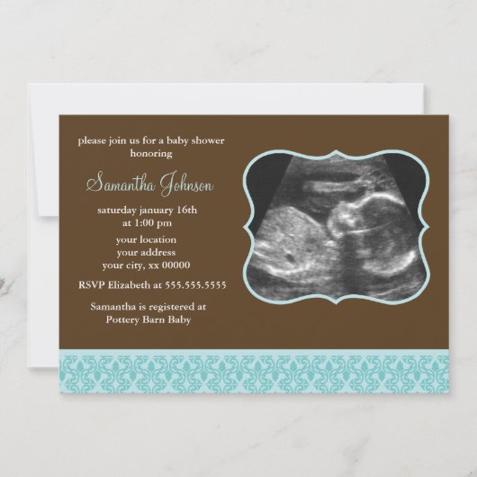 Blue Damask Pattern Sonogram Baby shower Kaart (Voorkant)