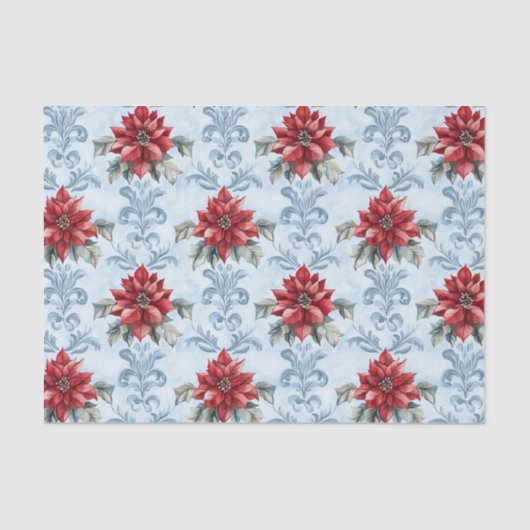 Blue Damask Pattern with Red Poinsettia Flowers Tissuepapier (Voorkant)