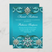 Blue Damask & Pearl Sweet 16 Verjaardag Uitnodigen Kaart (Voorkant / Achterkant)