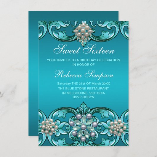 Blue Damask & Pearl Sweet 16 Verjaardag Uitnodigen Kaart (Voorkant / Achterkant)