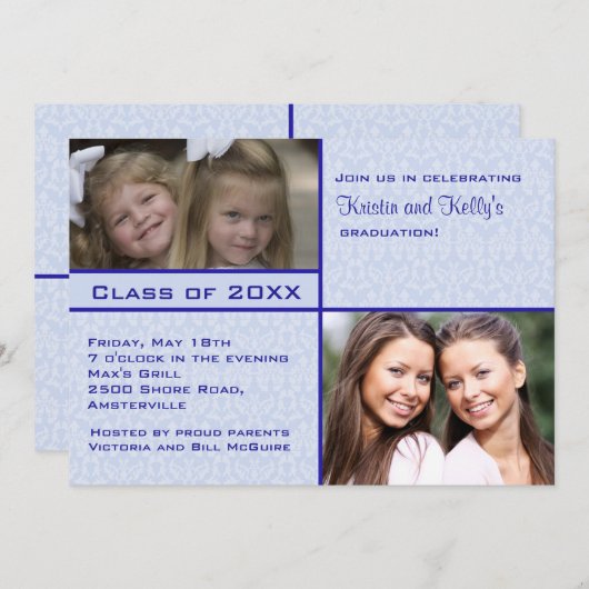 Blue Damask Photo Afstuderen Invitation Kaart (Voorkant / Achterkant)