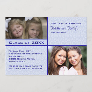 Blue Damask Photo Afstuderen Invitation Kaart