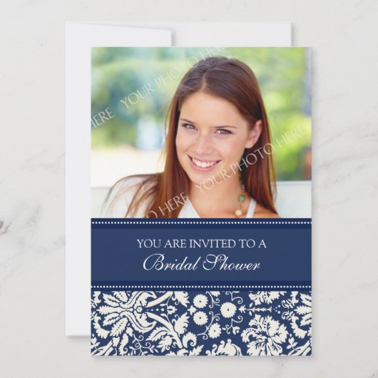 Blue Damask Photo Bridal Shower Invitation Card Kaart (Voorkant)