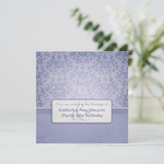 Blue damask plechtige uitnodiging voor bruiloft (Staand voorkant)