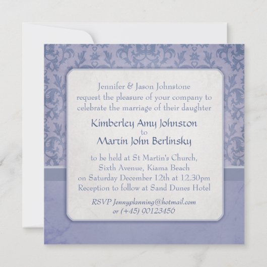 Blue damask plechtige uitnodiging voor bruiloft (Achterkant)