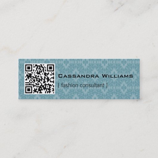 Blue Damask QR CODE Mini Visitekaartjes (Voorkant)