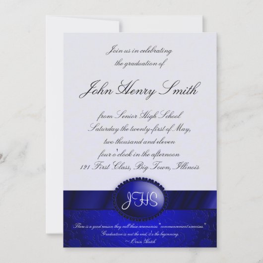 Blue Damask Ribbon Afstuderen Invitation Kaart (Voorkant)