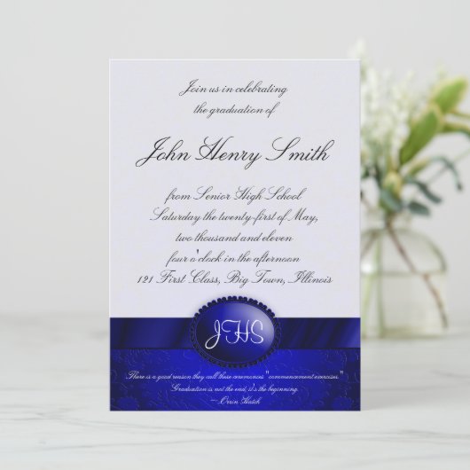 Blue Damask Ribbon Afstuderen Invitation Kaart (Staand voorkant)