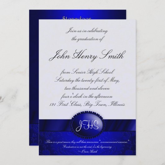 Blue Damask Ribbon Afstuderen Invitation Kaart (Voorkant / Achterkant)