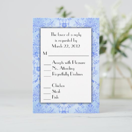 Blue Damask RSVP met menukeuze (Staand voorkant)