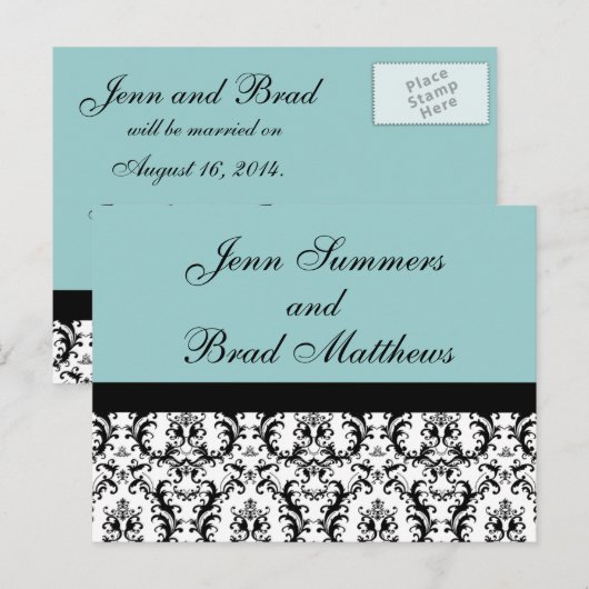 Blue Damask Save the Date Briefkaart (Voorkant / Achterkant)