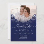 Blue Damask Save the Date Kaart met aangepaste fot (Voorkant)