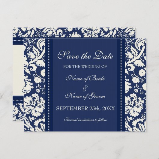 Blue Damask Save the Date Wedding Briefkaarten (Voorkant / Achterkant)
