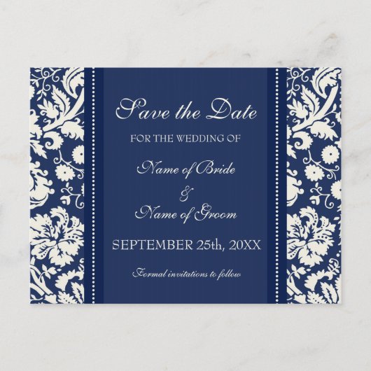 Blue Damask Save the Date Wedding Briefkaarten (Voorkant)