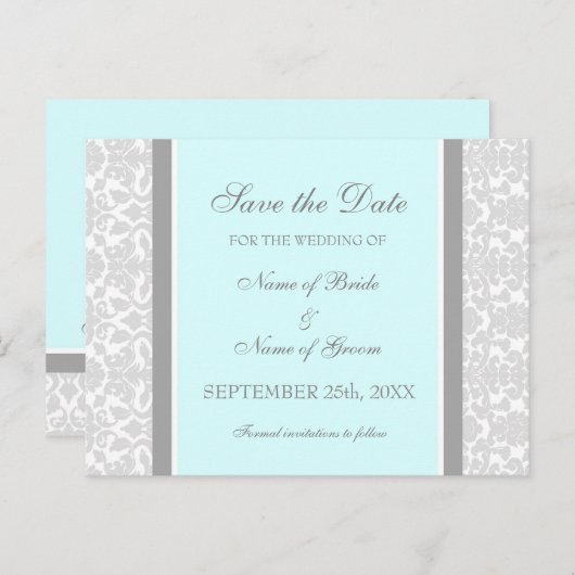 Blue Damask Save the Date Wedding Briefkaarten (Voorkant / Achterkant)