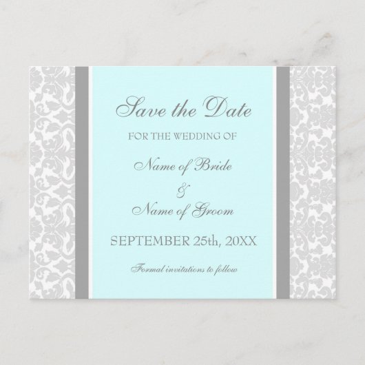 Blue Damask Save the Date Wedding Briefkaarten (Voorkant)