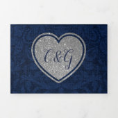 Blue Damask Silver Heart in One Wedding Drieluik Uitnodiging (Cover)