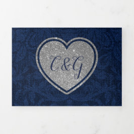 Blue Damask Silver Heart in One Wedding Drieluik Uitnodiging