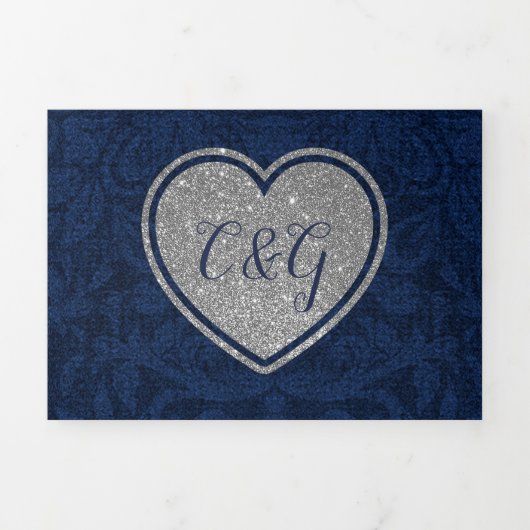 Blue Damask Silver Heart in One Wedding Drieluik Uitnodiging (Cover)