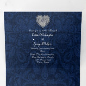 Blue Damask Silver Heart in One Wedding Drieluik Uitnodiging (Binnenzijde eerst)