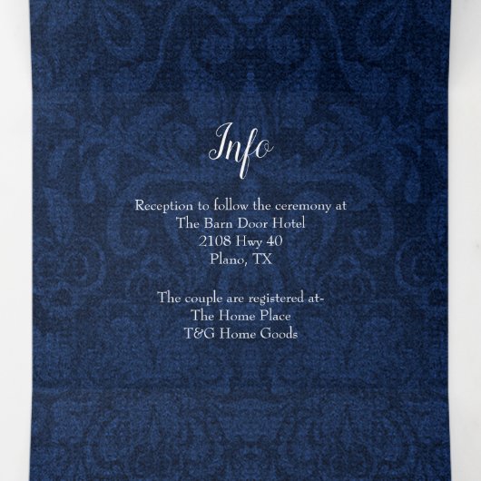 Blue Damask Silver Heart in One Wedding Drieluik Uitnodiging (Binnenkant midden)