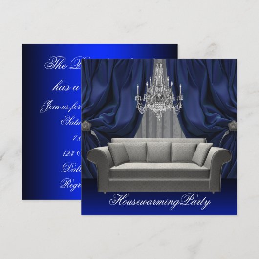 Blue Damask Sofa Chandelier Housewarming Party Kaart (Voorkant / Achterkant)