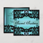 Blue Damask Sweet16 Elegante Verjaardag Uitnodigen Kaart (Voorkant / Achterkant)