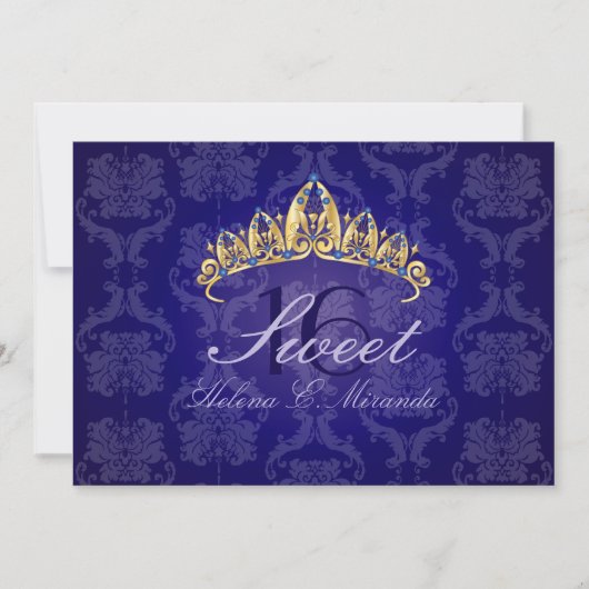 Blue Damask Sweet 16/ tiara/indigo uitnodigingen (Voorkant)