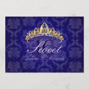 Blue Damask Sweet 16/ tiara/indigo uitnodigingen