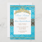 Blue Damask Sweet 16/ tiara/turquoise uitnodiginge Kaart (Achterkant)