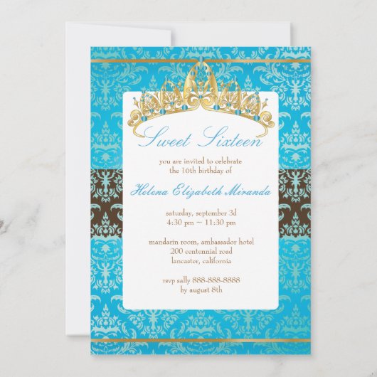 Blue Damask Sweet 16/ tiara/turquoise uitnodiginge Kaart (Achterkant)