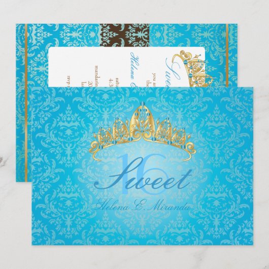 Blue Damask Sweet 16/ tiara/turquoise uitnodiginge Kaart (Voorkant / Achterkant)