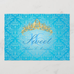 Blue Damask Sweet 16/ tiara/turquoise uitnodiginge Kaart