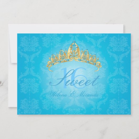 Blue Damask Sweet 16/ tiara/turquoise uitnodiginge Kaart (Voorkant)