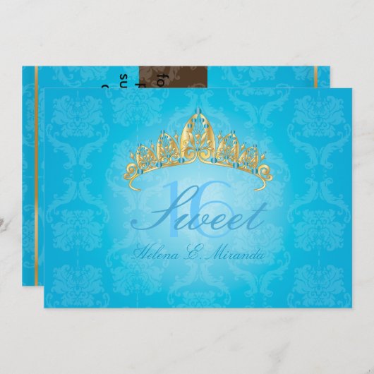 Blue Damask Sweet 16/ tiara/turquoise uitnodiginge Kaart (Voorkant / Achterkant)